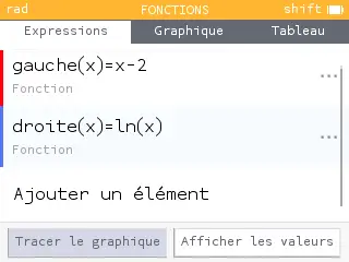 Création des deux fonctions x-2 et ln(x) dans l'application Fonctions de la calculatrice
